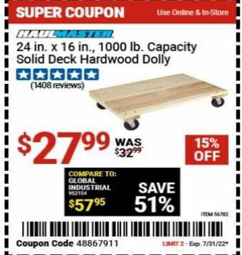 Harbor Freight Tools Haulmaster 24 in x 16 in 1000 lb capacity solid deck hardwood dolly offer