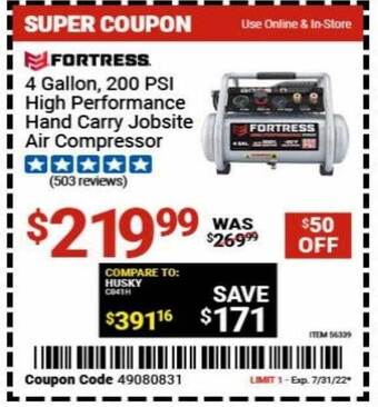 Harbor Freight Tools Fortress 4 gallon 200 psi high performance hand carry jobsite air compressor offer
