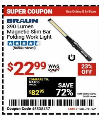 Harbor Freight Tools Braun 390 lumen magnetic slim bar folding work light offer