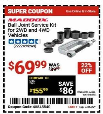 Harbor Freight Tools Maddox ball joint service kit for 2wd and 4wd vehicles offer