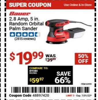 Harbor Freight Tools Bauer 2.8 amp 5 in. random orbital palm sander offer