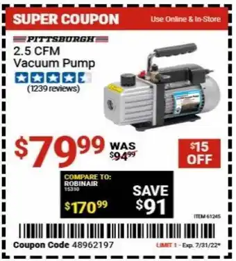 Harbor Freight Tools 2.5 cfm vacuum pump pittsburgh offer