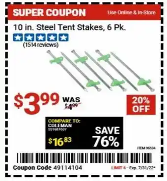 Harbor Freight Tools 10 in steel tent stakes 6 pk offer