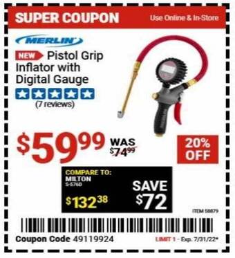 Harbor Freight Tools Merlin pistol grip inflator with digital gauge offer