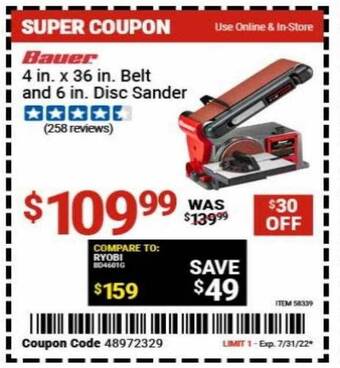 Harbor Freight Tools Bauer 4 in x 36 in belt and 6 in disc sander offer