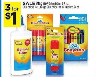 Dollar General Imagine school glue, glue sticks, large glue stick or crayons offer