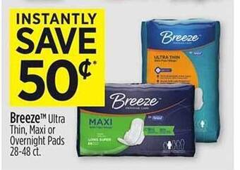 Dollar General Breeze ultra thin, maxi or overnight pads offer