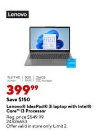 Staples Lenovo ideapad 3i laptop with intel core i3 processor offer