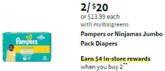 Walgreens Pampers or Ninjamas Jumbo Pack Diapers offer