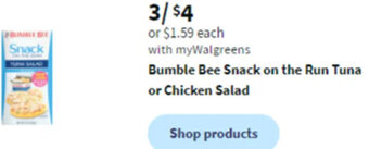 Walgreens Bumble Bee Snack on the Run Tuna or Chicken Salad offer