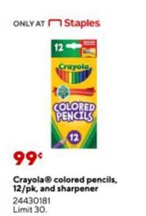 Staples Crayola colored pencils 12 pk and sharpener offer