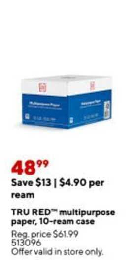 Staples Tru red multipurpose paper 10- ream case offer