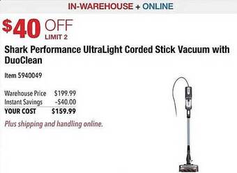 Costco Shark performance ultra light corded stick vacuum with duoclean offer