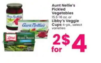 Albertsons Aunt nellie's pickled vegetables or libby's veggie cups offer