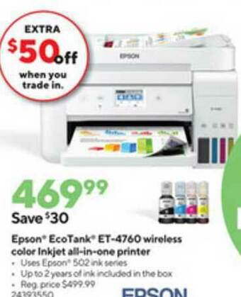 Staples Epson Ecotank Et-4760 Wireless Color Inkjet All-in-one Printer offer