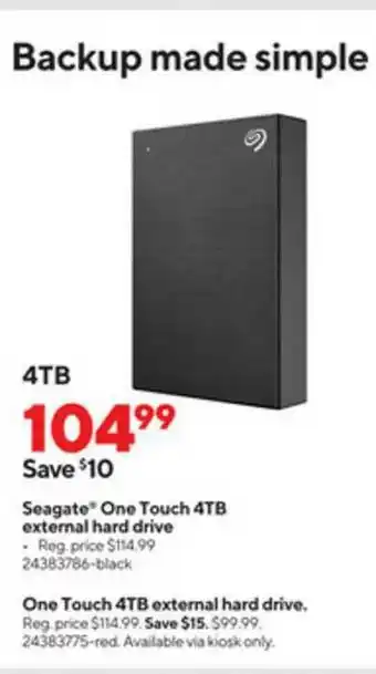 Staples Seagate One Touch 4tb External Hard Drive offer