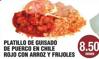 Carnicerias Jimenez Platillo De Guisado De Puerco En Chile Rojo Con Arroz Y Frijoles offer