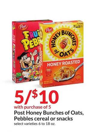 Hy-Vee Post honey bunches of oats, pebbles cereal or snacks offer