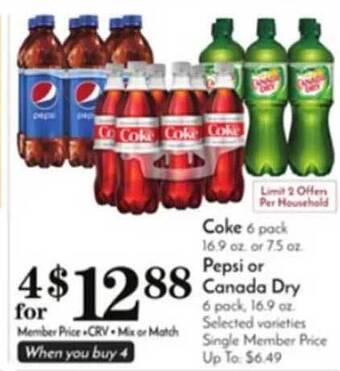 Pavilions Coke, pepsi or canada dry offer