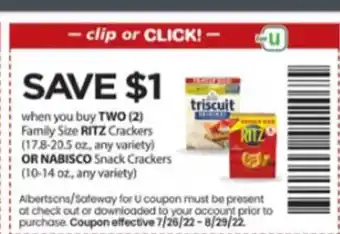 Albertsons Ritz crackers or nabisco snack crackers offer