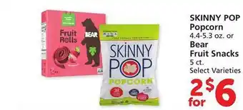 Safeway Skinny pop popcorn or bear fruit snacks offer