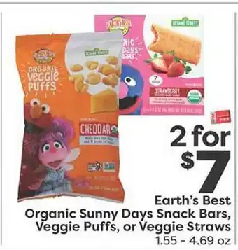 Weis Markets Earth's best organic sunny days snack bars, veggie puffs, or veggie straws offer