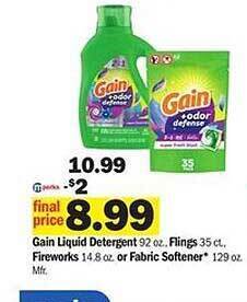 Meijer Gain liquid detergent, flings fireworks, or fabric softener offer