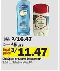 Meijer Old spice or secret deodorant offer