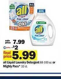 Meijer All liquid laundry detergent or mighty pacs offer