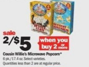 Meijer Cousin Willie's Microwave Popcorn 17.4 oz offer