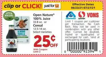 Albertsons Open Nature 100% Juice Cereal offer