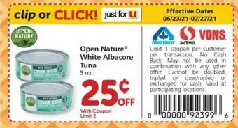 Albertsons Open Nature White Albacore Tuna offer