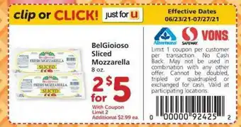Albertsons Belgioioso Sliced Mozzarella offer