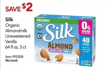 Costco Silk organic almondmilk unsweetened vanilla offer