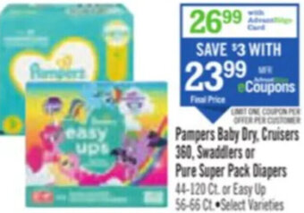 Price Chopper Pampers Baby Dry, Cruisers 360, Swaddlers or Pure Super Pack Diapers offer