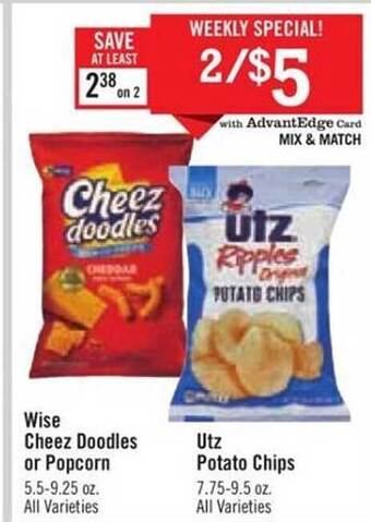 Price Chopper Wise cheez doodles or popcorn, utz potato chips offer