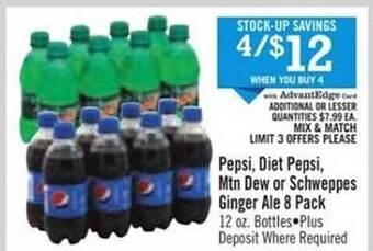 Price Chopper Pepsi, diet pepsi, mtn dew or schweppes ginger ale 8 pack offer