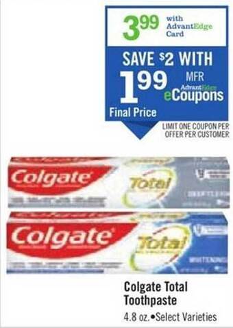 Price Chopper Colgate total toothpaste offer
