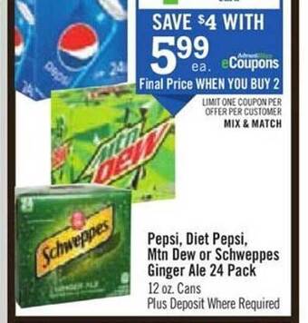 Price Chopper Pepsi, diet pepsi, mtn dew or schweppes ginger ale 24 pack offer