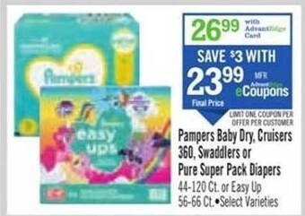 Price Chopper Pampers baby dry, cruisers 360, swaddlers or pure super pack diapers offer