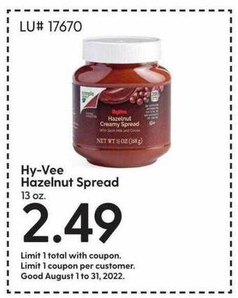 Hy-Vee Hy-vee hazelnut spread offer
