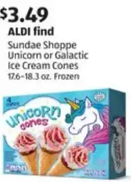 Aldi Aldi Find Sundae Shoppe Unicorn or Galactic Ice Cream Cones 18.3 oz Frozen offer