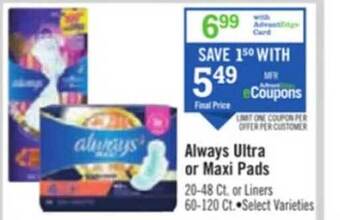 Price Chopper Always ultra or maxi pads offer