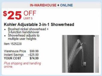 Costco Kohler adjustable 3-in-1 showerhead offer