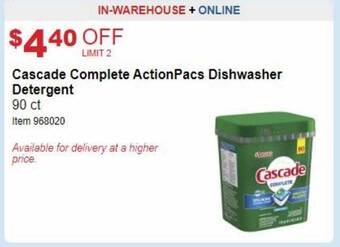 Costco Cascade complete actionpacs dishwasher detergent offer