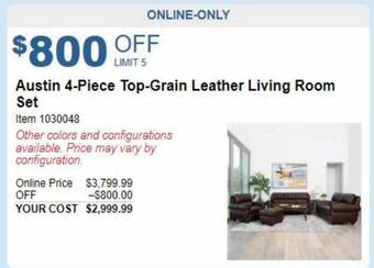 Costco Austin 4-piece top-grain leather living room set offer