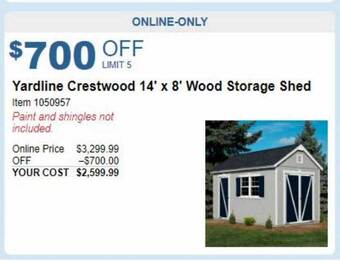 Costco Yardline crestwood 14' x 8' wood storage shed offer
