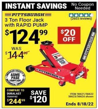 Harbor Freight Tools Pittsburgh 3 ton floor jack with rapid pump offer