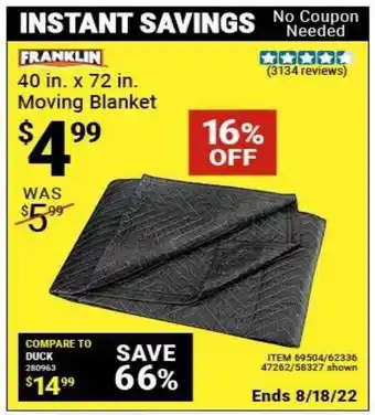 Harbor Freight Tools Franklin 40 in x 72 in moving blanket offer