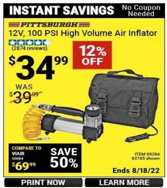 Harbor Freight Tools Pittsburgh 12v 100 psi high volume air inflator offer